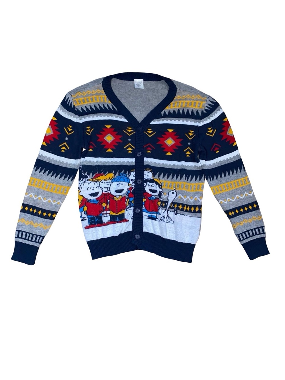Peanuts Mens XL Charlie Brown Christmas Carolers Fair Isle Knit Cardigan Sweater - Picture 2 of 8